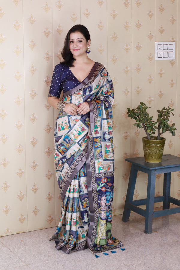 Blue Katki Silk Saree With Unstiched Blouse