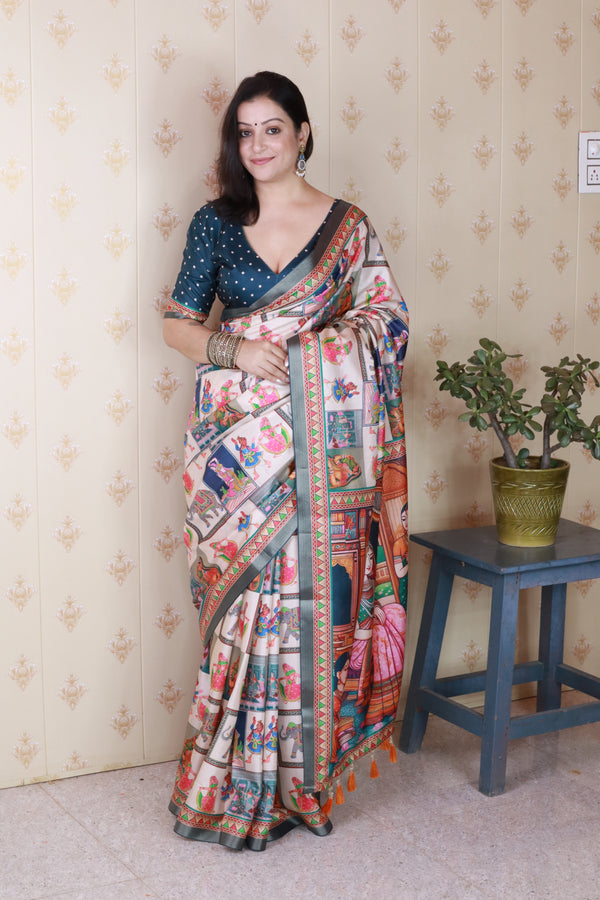 Navy Katki Silk Saree With Unstiched Blouse
