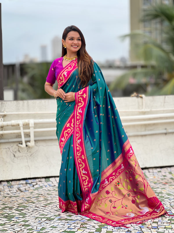 Teal Paithani Saree With Unstiched Blouse