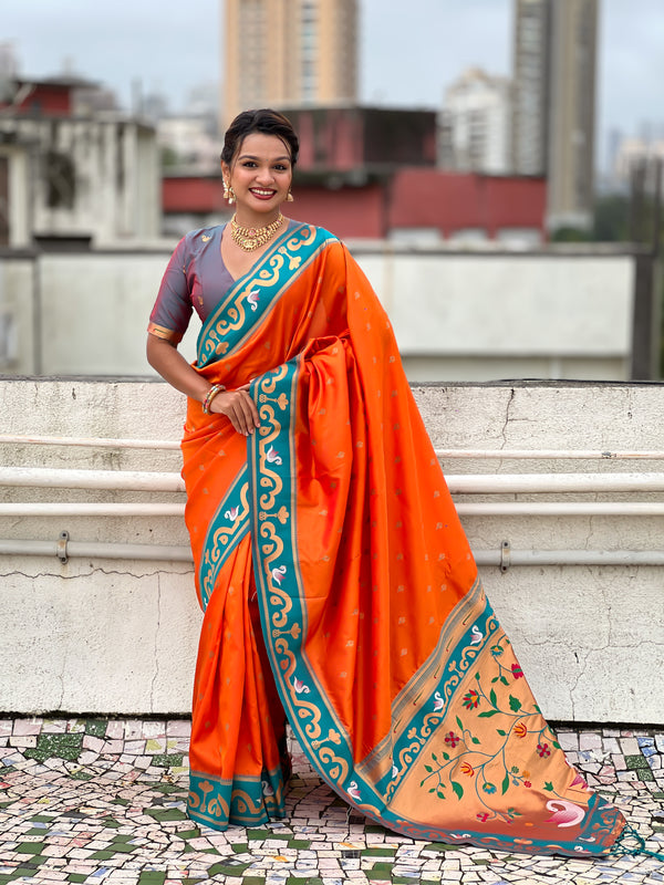 Orange Paithani Saree With Unstiched Blouse