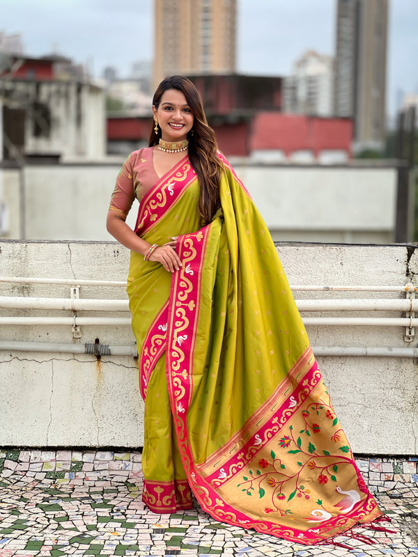 Mehendi Paithani Saree With Unstiched Blouse