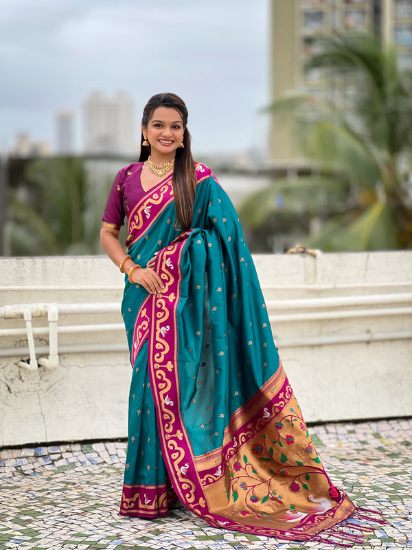 Mohini-Grnmagenta Paithani Saree With Unstiched Blouse