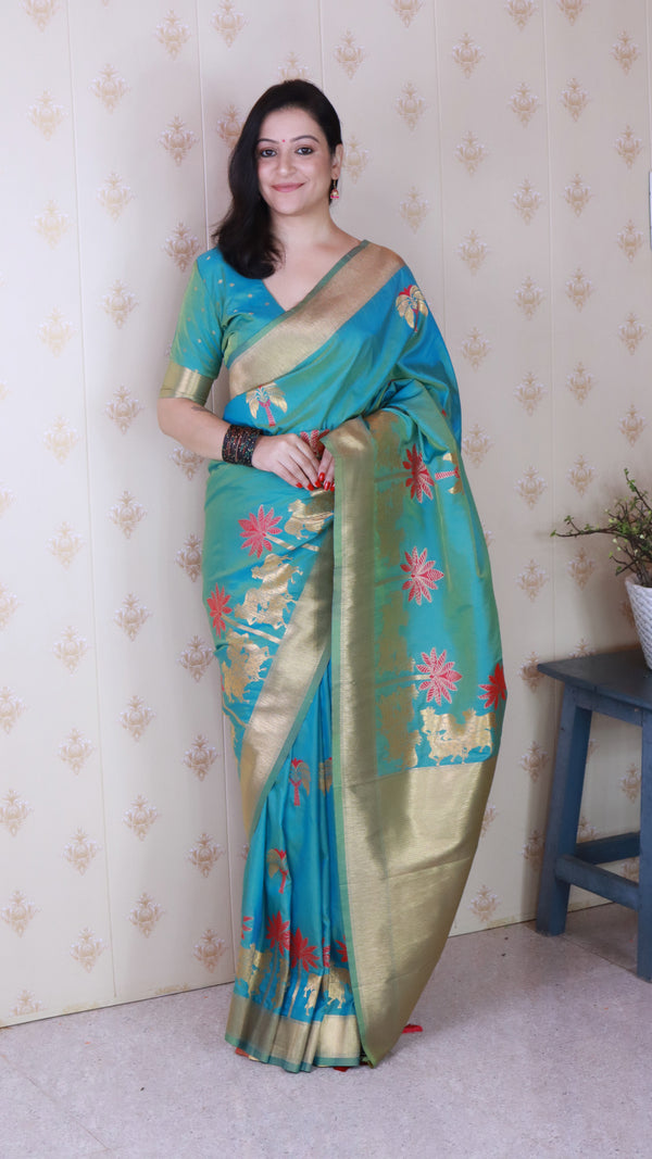 Sky Soft Silk Saree With Unstiched Blouse