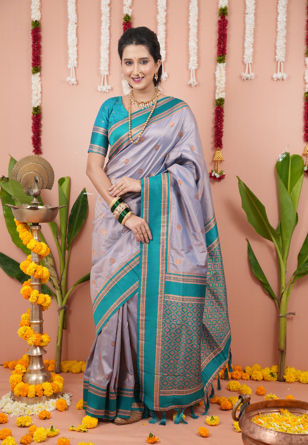 Grey Rama Soft Silk Saree With Unstiched Blouse