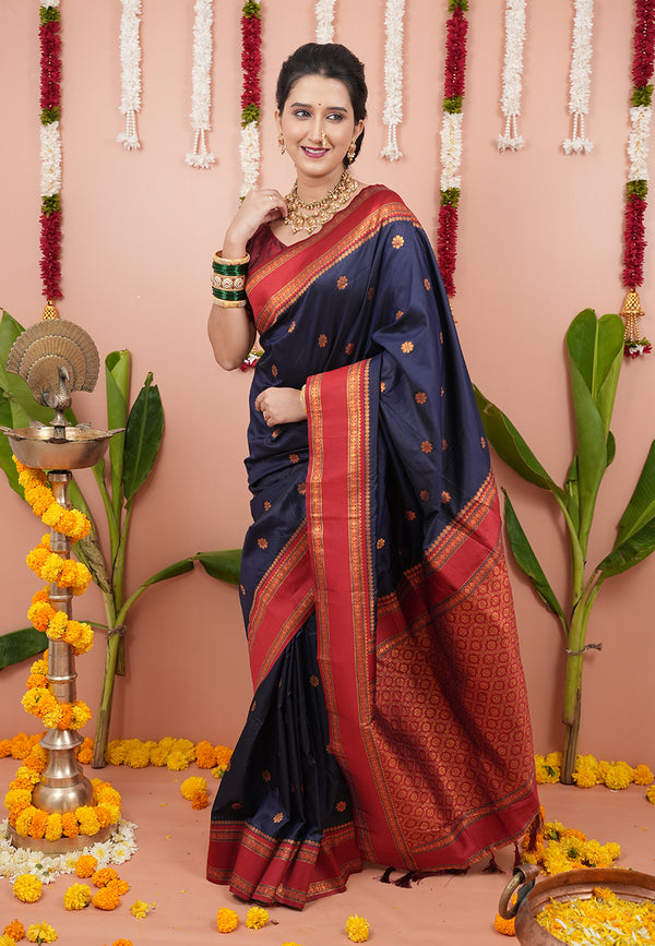 Navy Soft Silk Saree With Unstiched Blouse