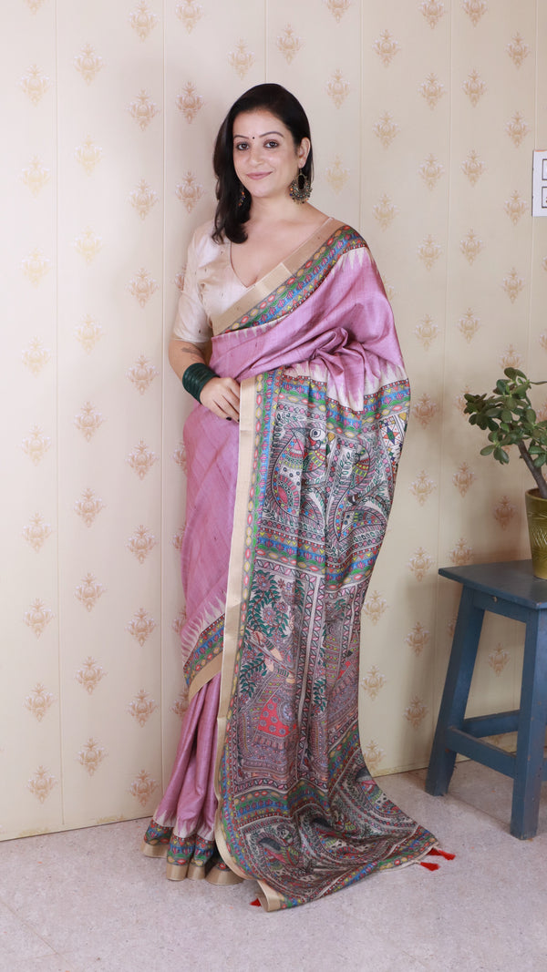 Light Pink Tussar Silk Saree With Unstiched Blouse