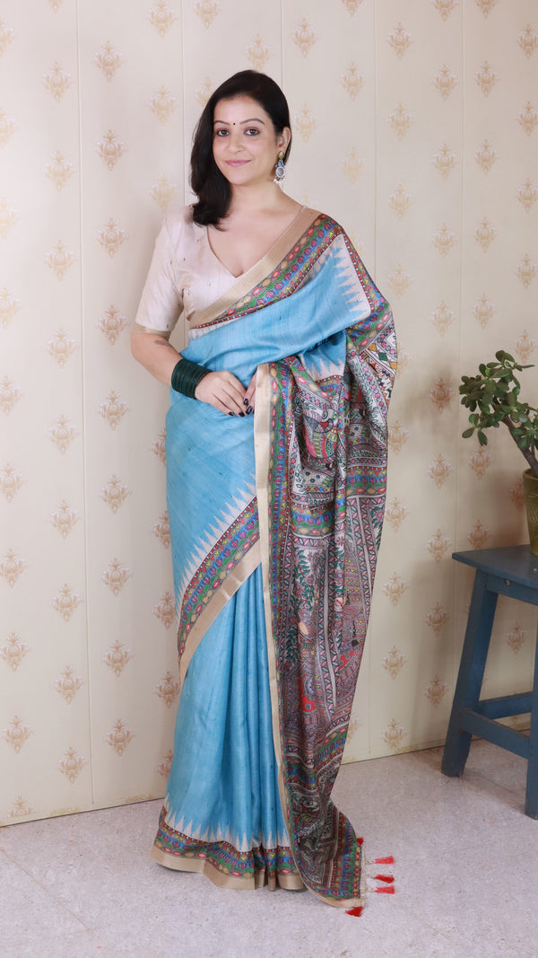 Blue Tussar Silk Saree With Unstiched Blouse