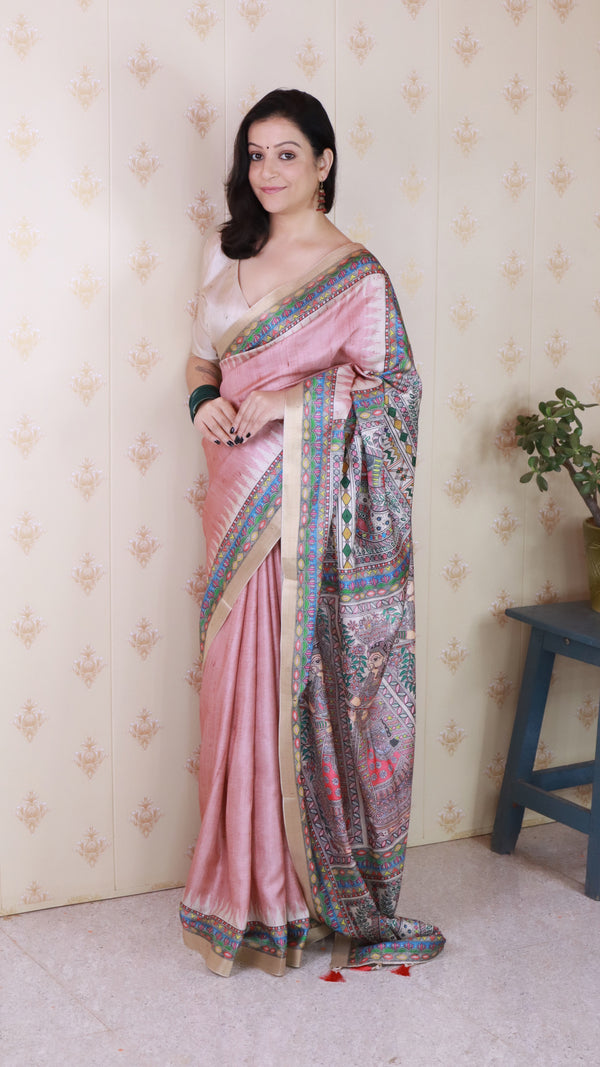 Pink Tussar Silk Saree With Unstiched Blouse