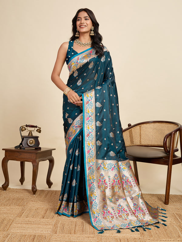 Teal Blue Soft Silk Sarees With Unstiched Blouse