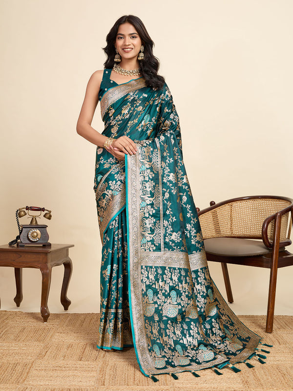 Teal Green Soft Silk Sarees With Unstiched Blouse