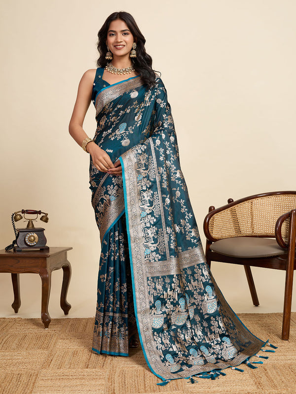 Teal Green Soft Silk Sarees With Unstiched Blouse