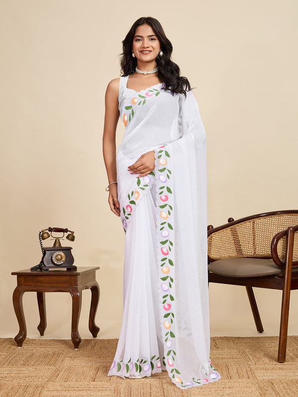 White Georget Soft Silk Saree With Unstiched Blouse