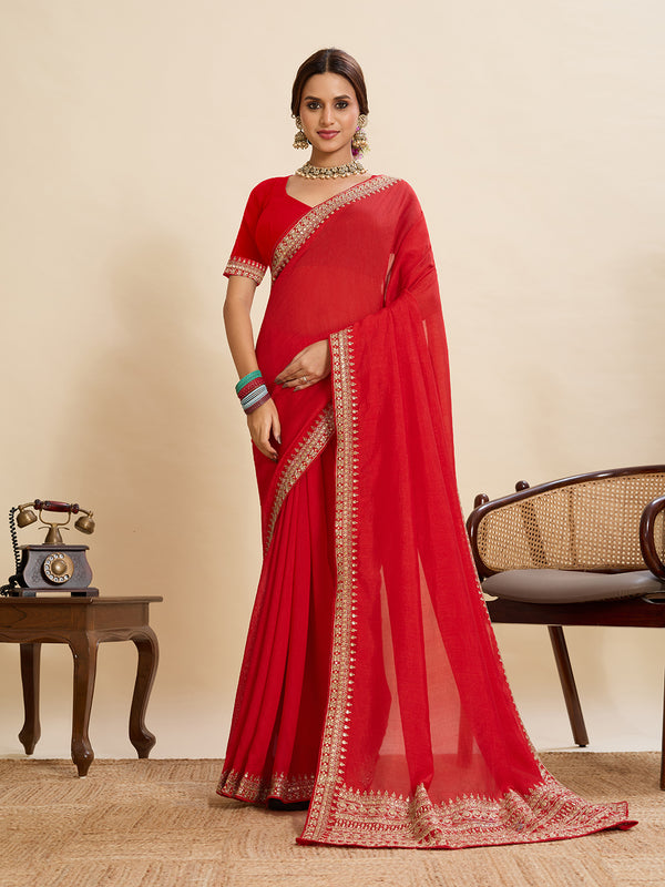 Red Vichitra Soft Silk Saree With Unstiched Blouse