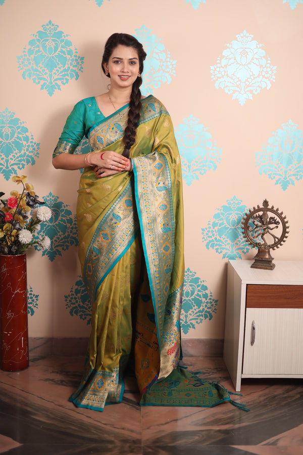 Mehendi Paithani Saree With Unstiched Blouse