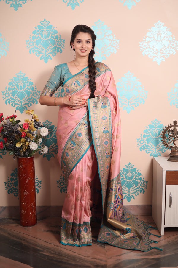 Baby Pink Paithani Saree With Unstiched Blouse