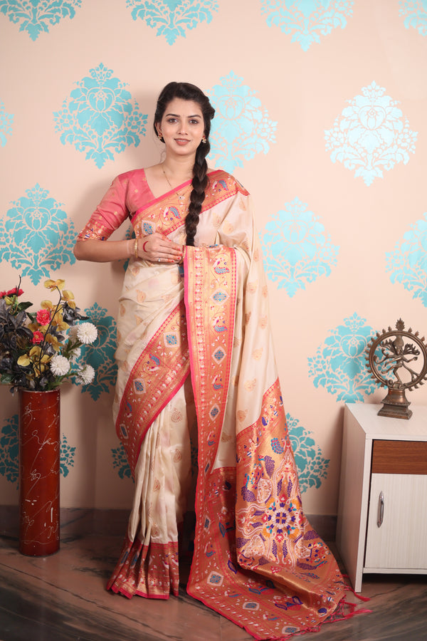 Cream Paithani Saree With Unstiched Blouse