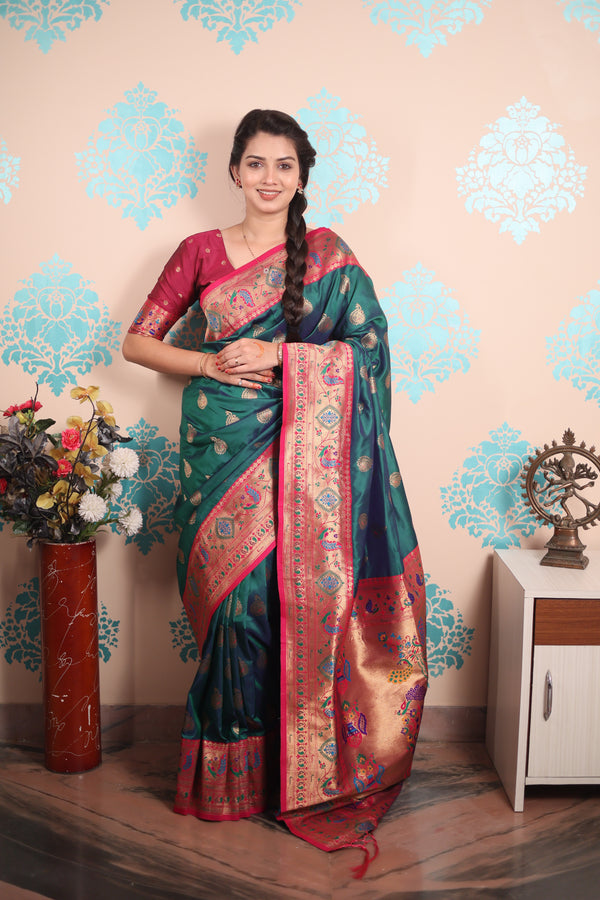 Rama Paithani Saree With Unstiched Blouse