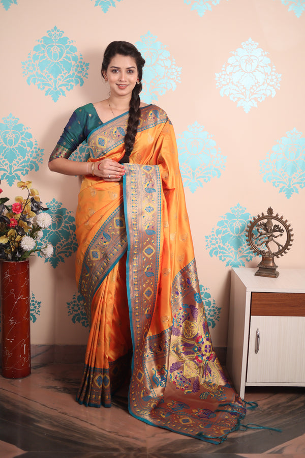 Orange Paithani Saree With Unstiched Blouse