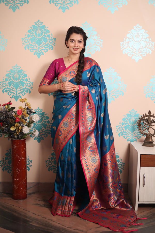 Navy Blue Paithani Saree With Unstiched Blouse