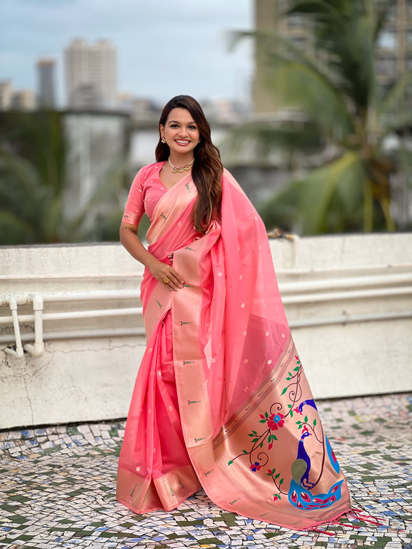 Pink Soft Organza Saree With Unstiched Blouse