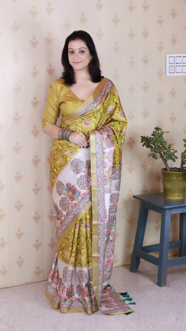 Yellow Tussar Silk Saree With Unstiched Blouse
