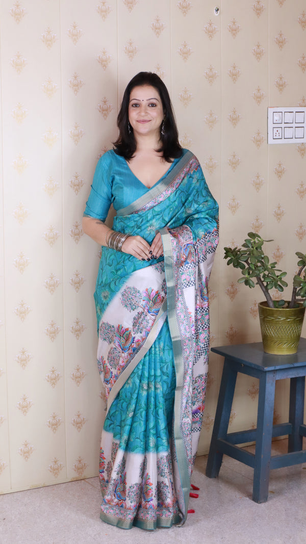 Turquoise Blue Tussar Silk Saree With Unstiched Blouse