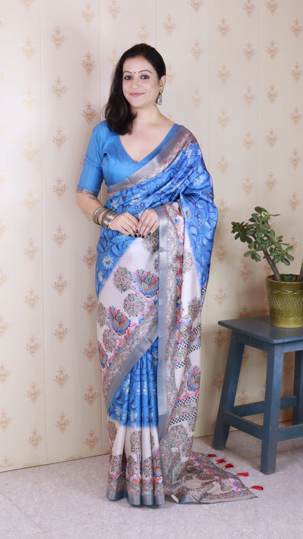 Blue Tussar Silk Saree With Unstiched Blouse