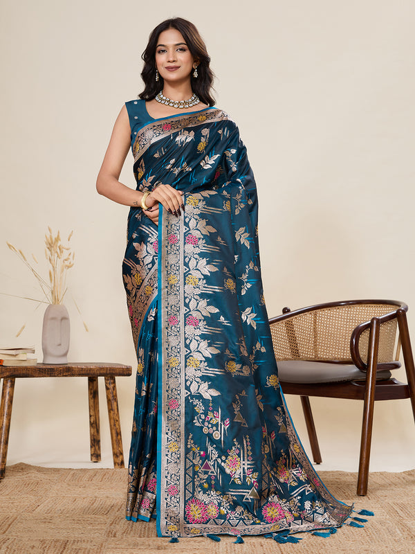 Teal Soft Silk Sarees With Unstiched Blouse