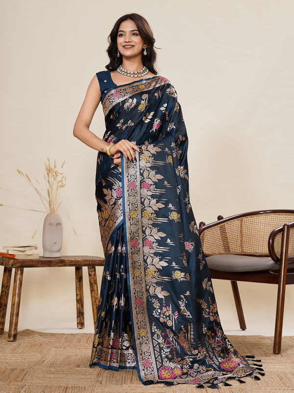 Teal Blue Soft Silk Sarees With Unstiched Blouse