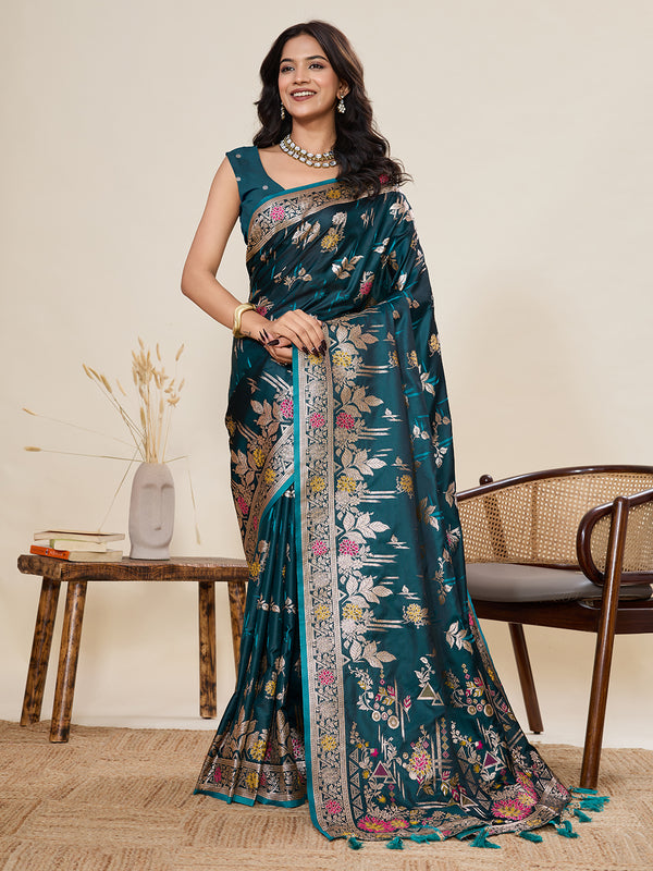 Teal Green Soft Silk Sarees With Unstiched Blouse