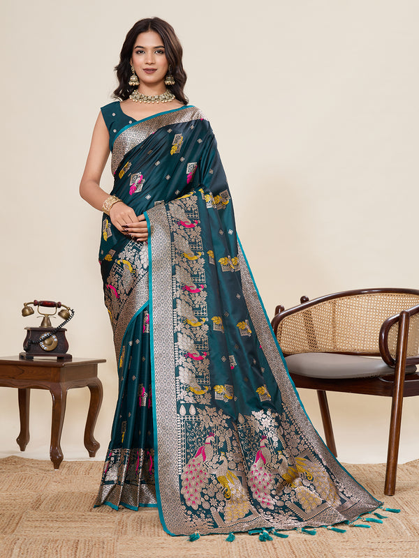 Teal Green Soft Silk Sarees With Unstiched Blouse