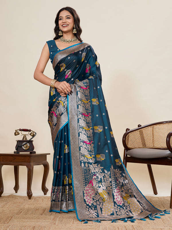 Teal Blue Soft Silk Sarees With Unstiched Blouse