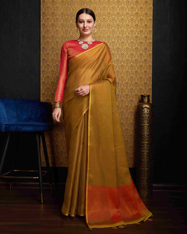 Gold Linen Saree With Unstitched Blouse