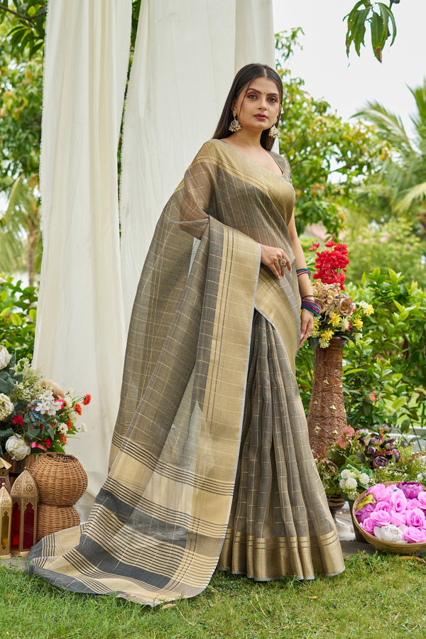 Grey Tissue Saree With Unstiched Blouse