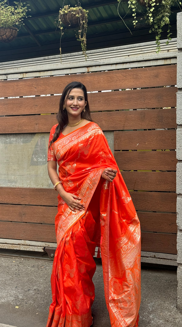 Red Partywear Banarasi Soft Silk Saree With Unstitched Blouse