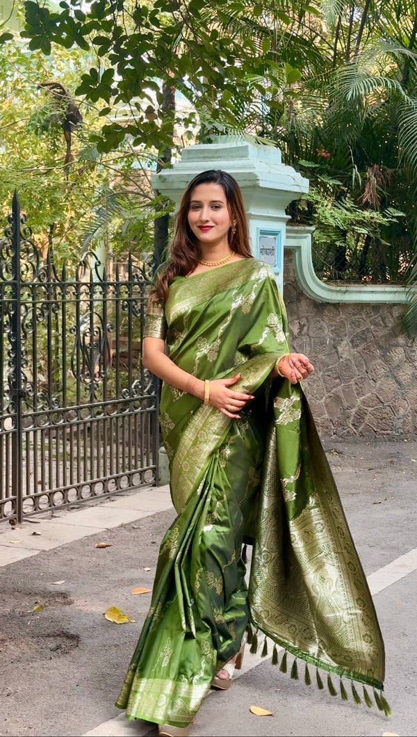 Mahendi Partywear Banarasi Soft Silk Saree With Unstitched Blouse