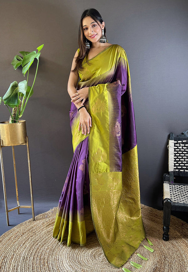 Green And Purple Soft Silk Saree With Zari Woven With Unstitched Blouse