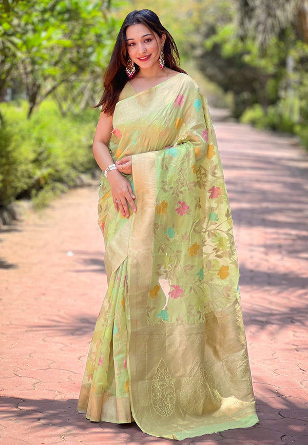 Green Organza Saree With Unstitched Blouse