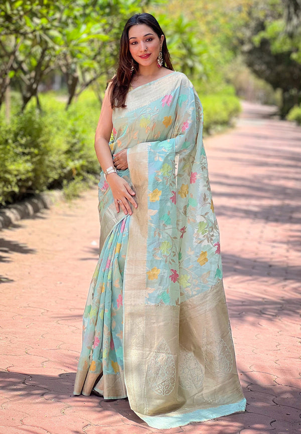 Blue Organza Saree With Unstitched Blouse