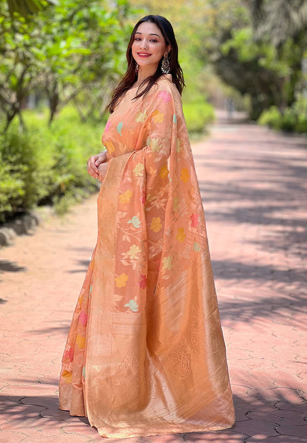 Pink Organza Saree With Unstitched Blouse