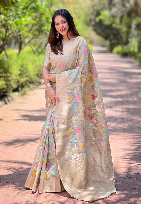 Grey Organza Saree With Unstitched Blouse