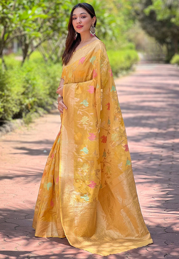 Yellow Organza Saree With Unstitched Blouse