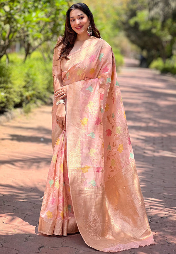 Pink Organza Saree With Unstitched Blouse