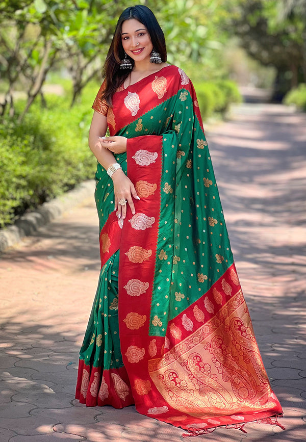 Green Partywear Paithani Saree With Unstitched Blouse