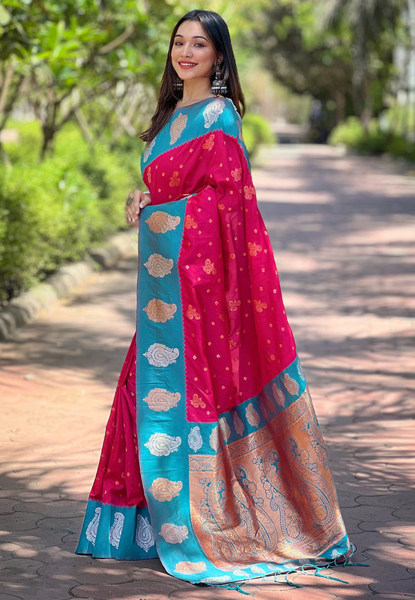 Red Partywear Paithani Saree With Unstitched Blouse