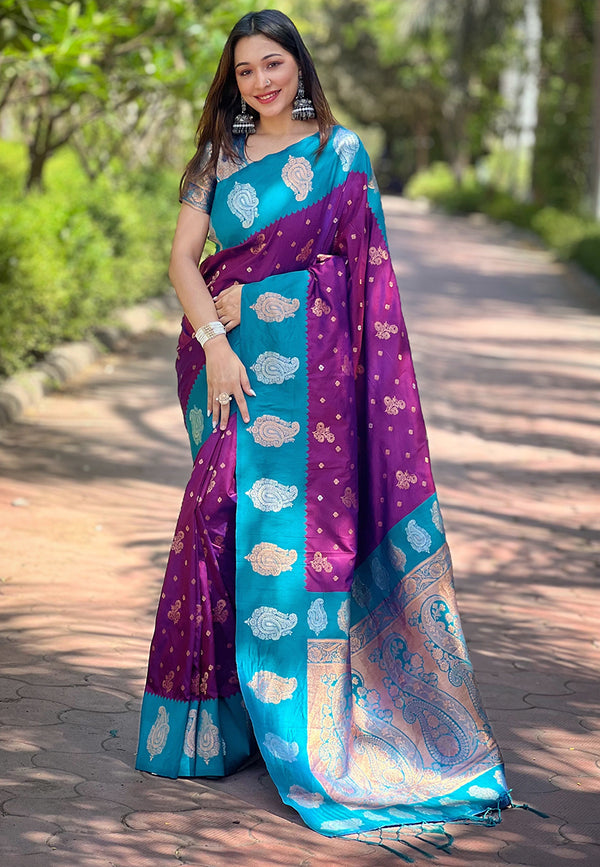 Wine Partywear Paithani Saree With Unstitched Blouse