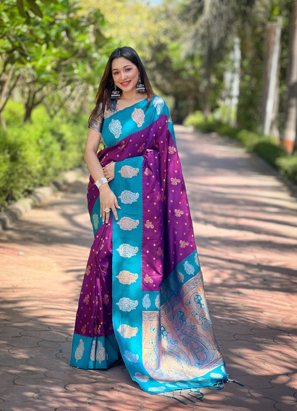 Blue Soft Silk Banarasi Saree With Unstitched Blouse