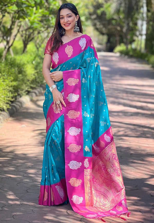 Sky Partywear Paithani Saree With Unstitched Blouse