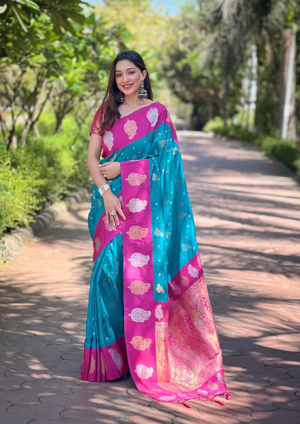 Blue Soft Silk Banarasi Saree With Unstitched Blouse