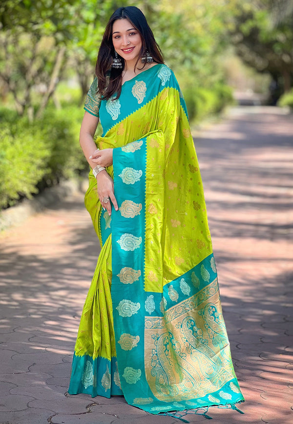 Parrot Partywear Paithani Saree With Unstitched Blouse